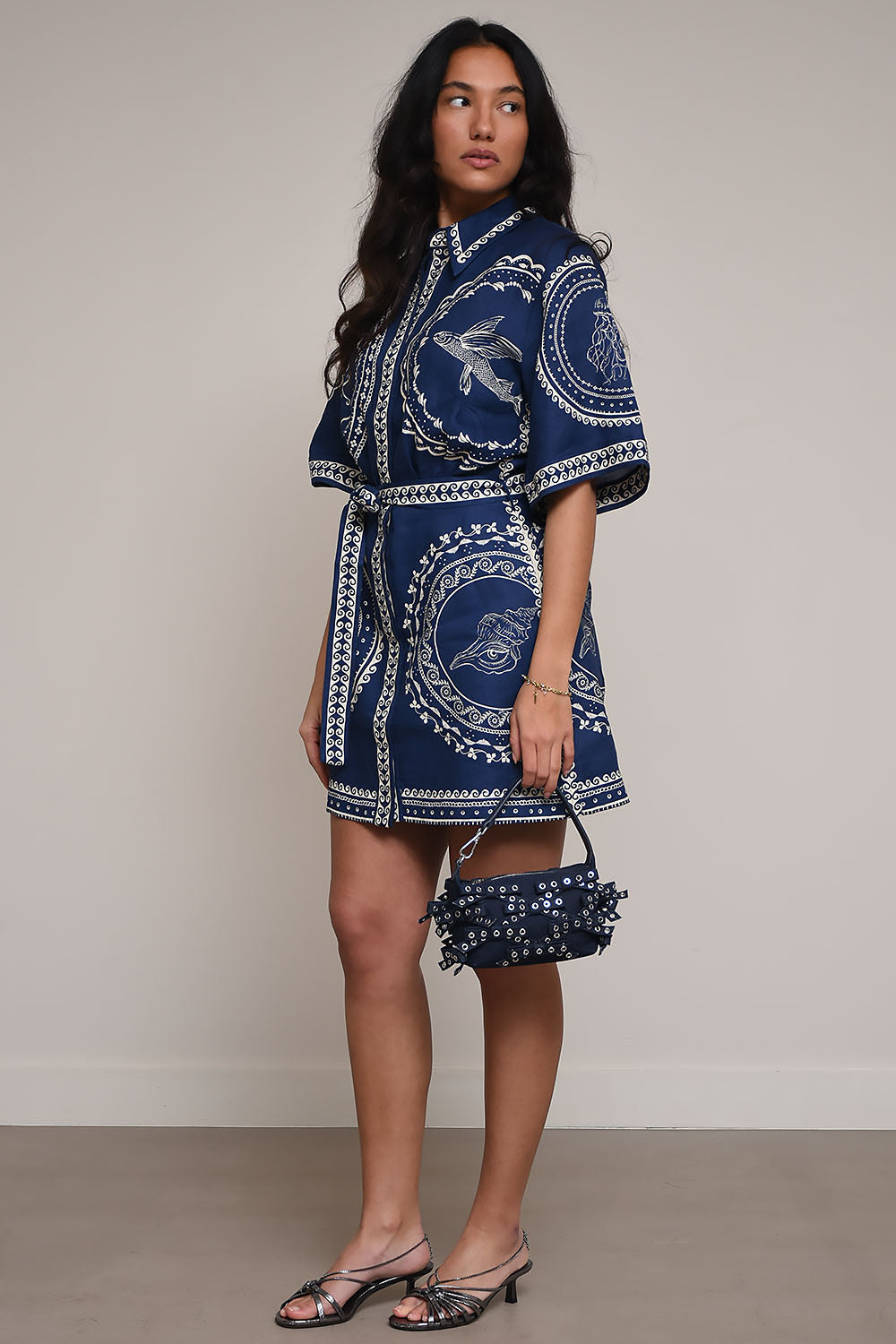 Unique Navy Seashell Mini Shirt Dress