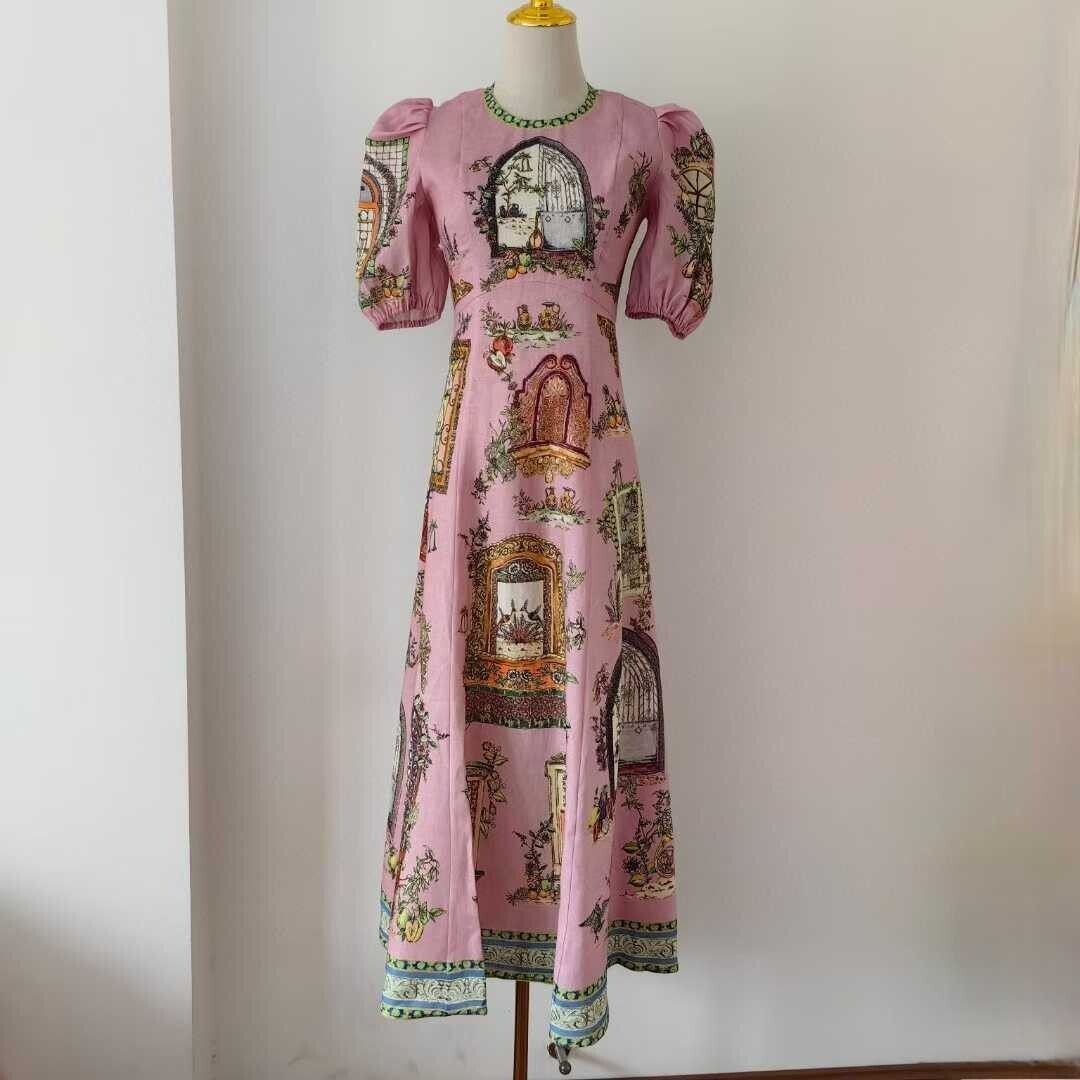 Pink Puff Sleeve Midi Dress