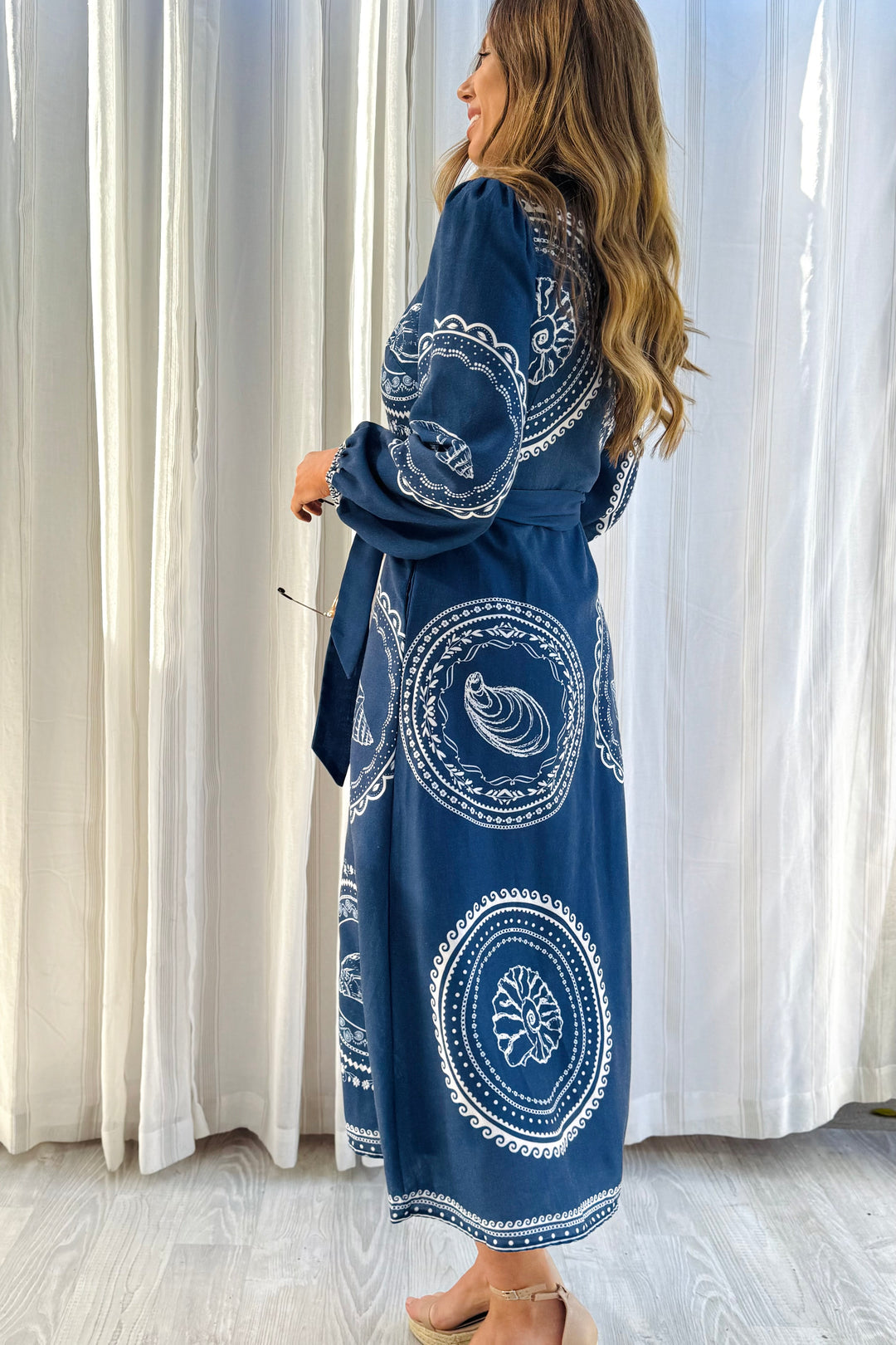 Navy Seashell Long Sleeve Maxi Shirt Dress