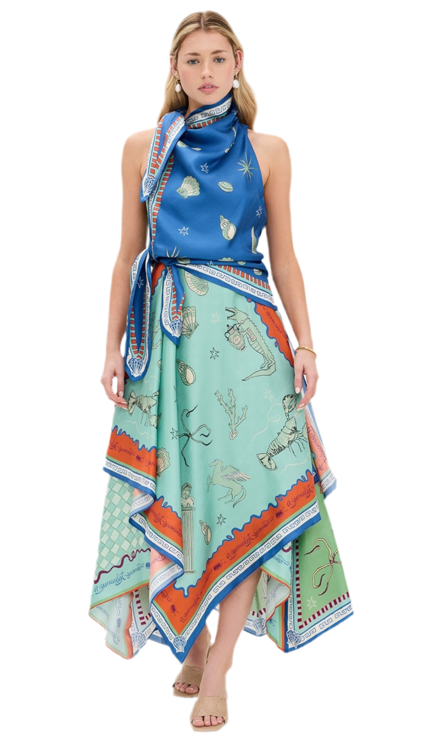 Unique Blue Green Scarf Midi Dress
