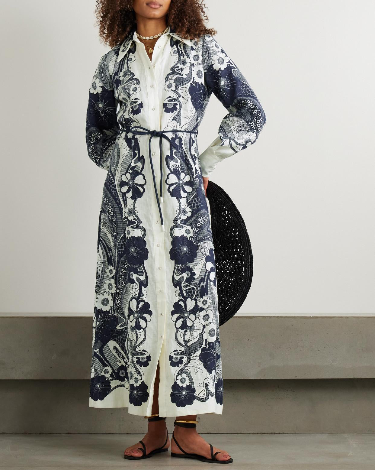 Navy Floral Long Sleeve Maxi Shirt Dress