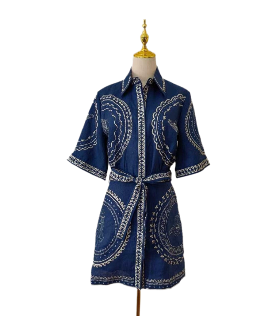 Unique Navy Seashell Mini Shirt Dress