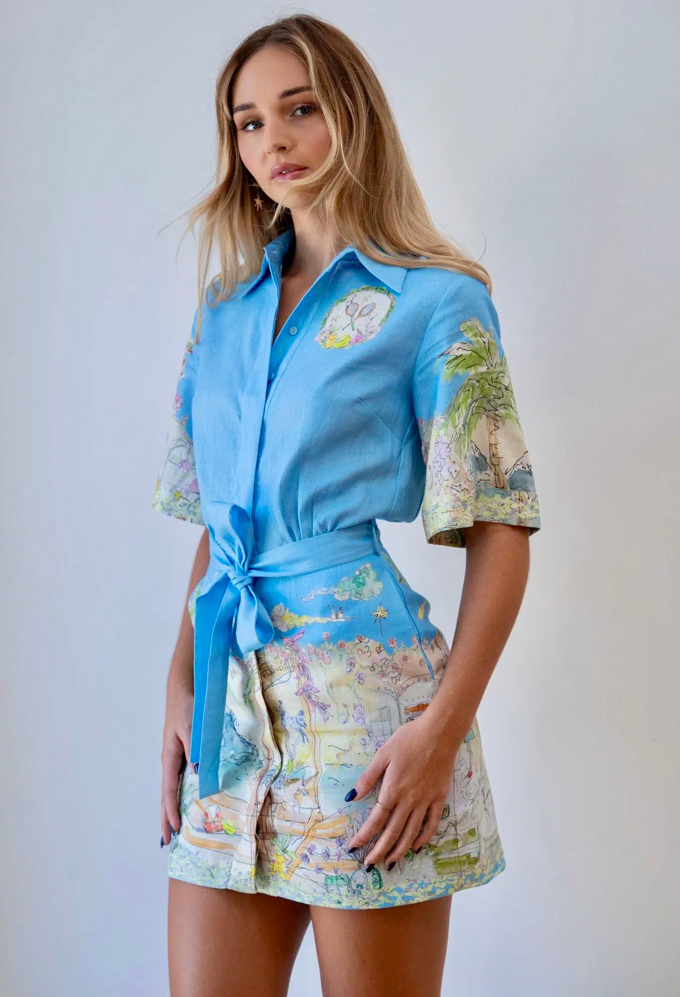 Cartoon Mini Shirt Dress Blue