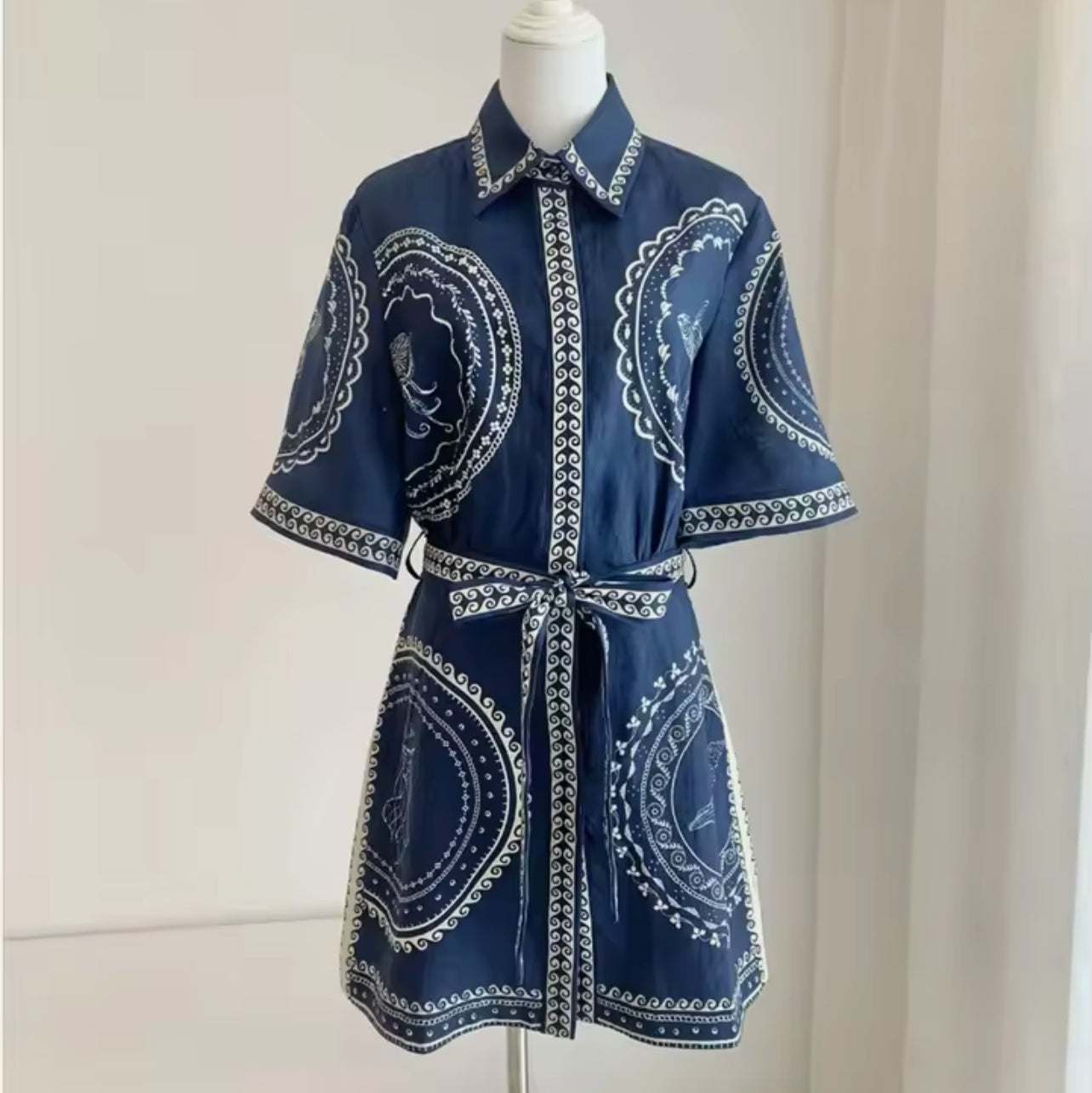 Unique Navy Seashell Mini Shirt Dress