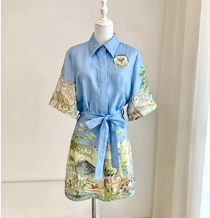 Cartoon Mini Shirt Dress Blue