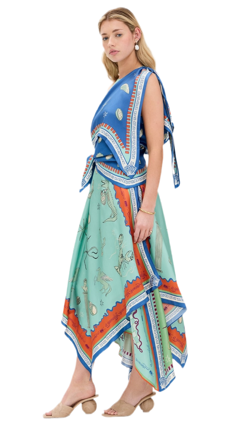 Unique Blue Green Scarf Midi Dress