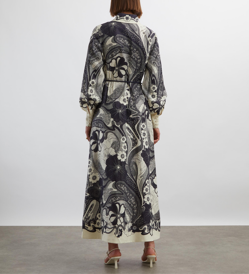Navy Floral Long Sleeve Maxi Shirt Dress