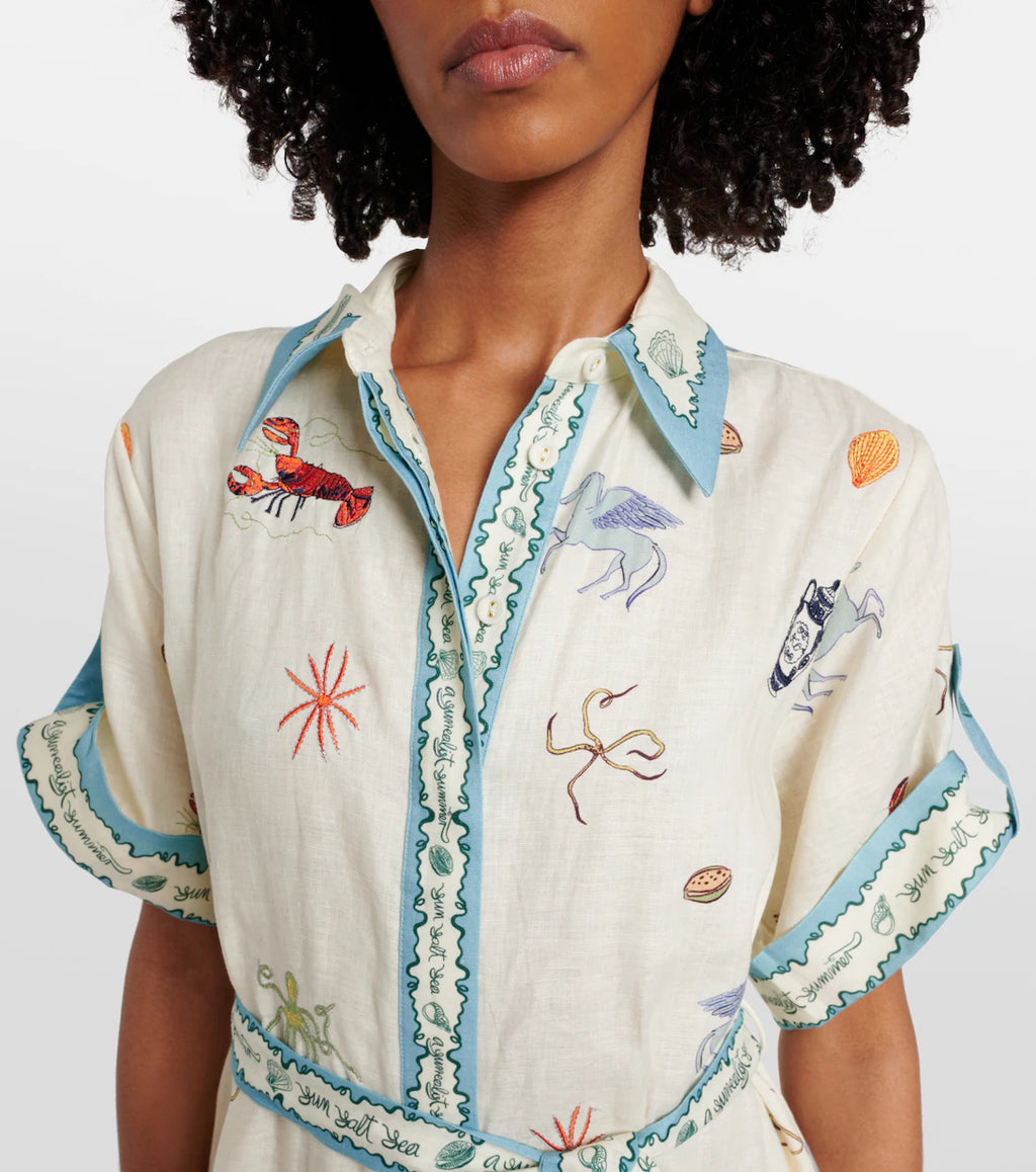 White Seafood Midi Shirt Dress