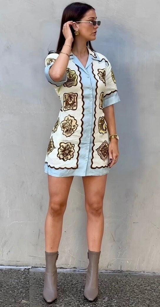 White Brown Mini Shirt Dress