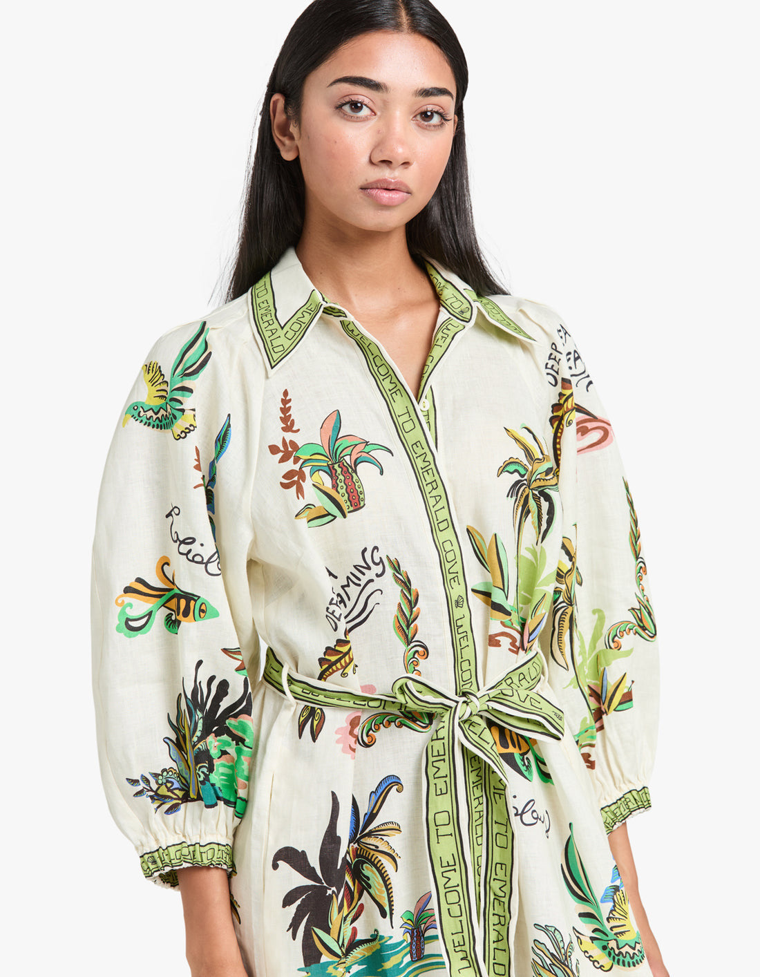 White Palm Tree Maxi Shirt Dress